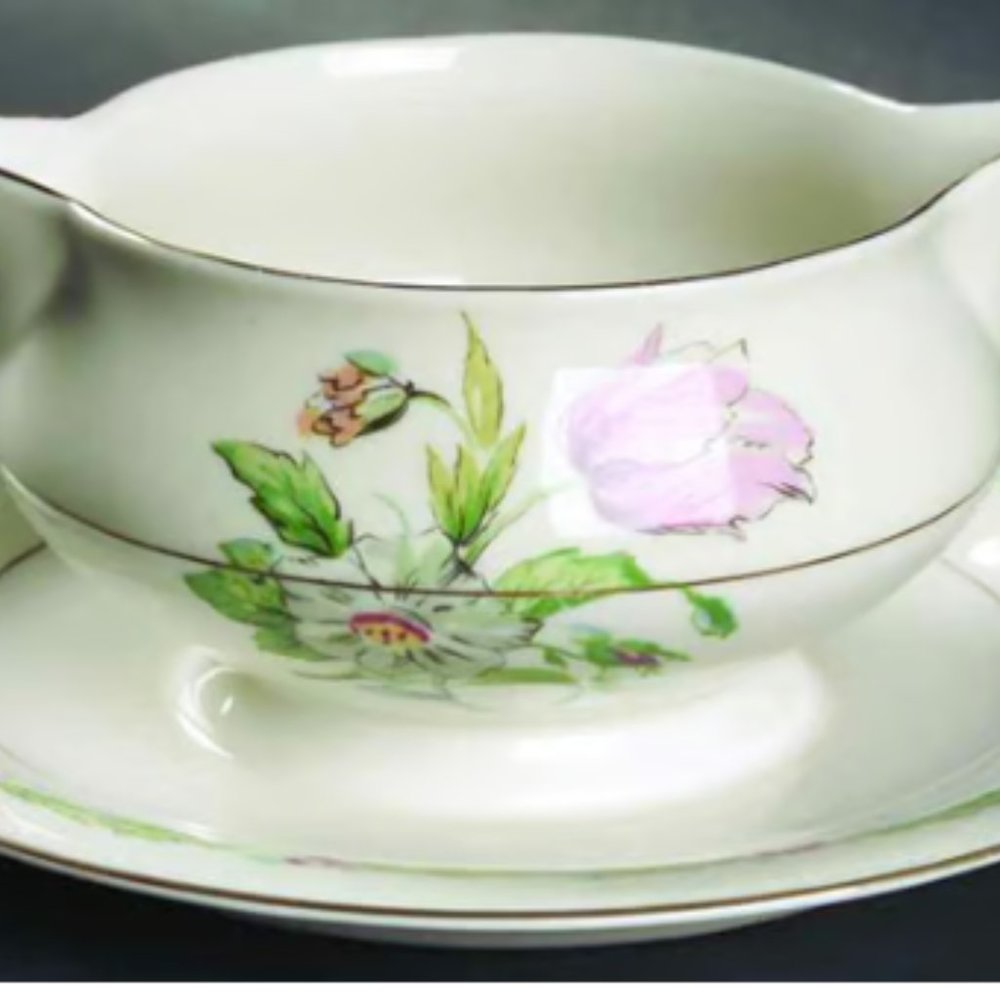 Gravy Boat with Attached Underplate Garden Flowers